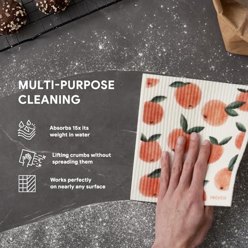 RECYCO Swedish Dishcloths for Kitchen | 5 Pack Peachy Leaves Washable Dish Rags | Cellulose Reusable Cleaning Paper Towels | Absorbent Counter Dish Cloth Sponge Kitchen Wipes, 8" L x 7" W - color: Peachy Leaves- 5 Pack