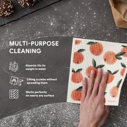 RECYCO Swedish Dishcloths for Kitchen | 5 Pack Peachy Leaves Washable Dish Rags | Cellulose Reusable Cleaning Paper Towels | Absorbent Counter Dish Cloth Sponge Kitchen Wipes, 8" L x 7" W - color: Peachy Leaves- 5 Pack
