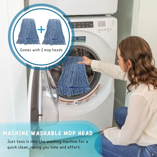 Commercial Mop for Floor Cleaning, 59'' Heavy Duty Industrial Mops with Long Handle, Cotton String Wet Mop for Garage, Office, Warehouse, Home, Workshop (2 Mops Head) - size: 59in
