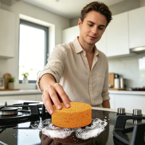 3-Pack Large Sponge, Kitchen Sponges, Handy Sponges, Cellulose Sponges, Dish Washing Sponge, Natural Sponge, Car Washing Sponge, Eco Friendly Sponge (Round, 4" X 4" X 2"), Yellow - color: B-yellow