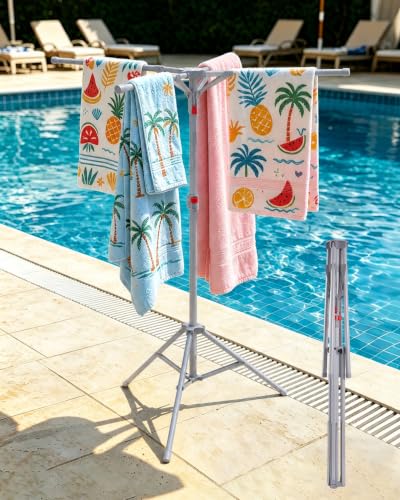 Pool Towel Rack Outdoor, 4 Arms Adjustable 51-71 Inch Freestanding Foldable Drying Rack for Pool, Camping, Backyard, Rust-Resistant Steel, Holds Towels & Swim Gear Gray - color: Gray