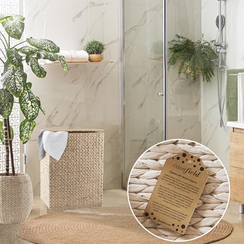 Casafield Large Laundry Hamper with Lid and Removable Liner Bag - Whitewash White, Woven Water Hyacinth Rectangular Laundry Basket Clothes Sorter - color: Whitewash