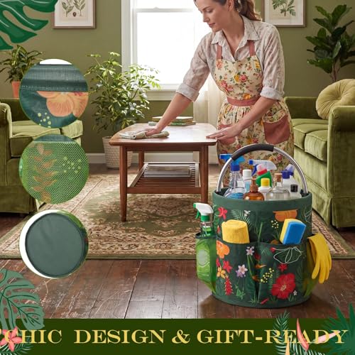 Bucket Tool Organizer, 6 Pockets Garden Bucket Caddy Foldable Buckets Caddy Organizer Fit 3.5 to 5 Gallon Buckets, Portable Gardening Tool Bag with Handle for Cleaning Home Garden(Green Leaves) - style: Green Leaves