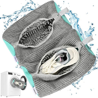 Shoe Bag for Washing Machine, Sneaker Cleaning Bag 2 PCS Set Grey, Fluffy Fiber Inside, Large Size Shoe Washing Machine Bag, 360 Laundry Bag for Tennis Gym Running Trainers Hiking