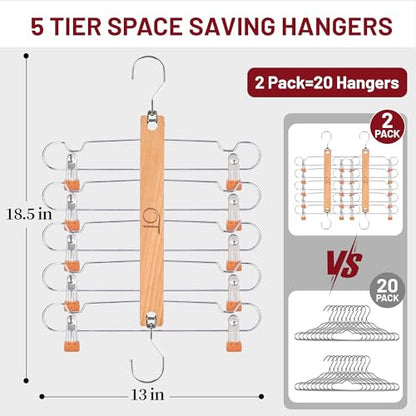 2 Pack Skirt Hangers with Clips, Space Saving Beechwood 5 Tier Pants Hangers with 360° Swivel Hook, Closet Organizer for Skirts, Pants, Tank Top-College Dorm Room Essentials (Wood Color)