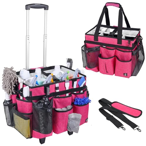 Rolling Cleaning Caddy Bag Built-in Hard Plastic Sheet Detachable Trolley - color: Rose Red
