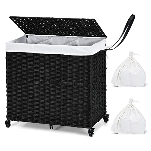 GOFLAME Laundry Hamper with Lid and Wheels, 125L Hand Woven Rattan Laundry Basket with 3 Divided Sections, Handles, 2 Removable and Washable Liner Bags, Dirty Clothes Hamper for Bedroom (Black)
