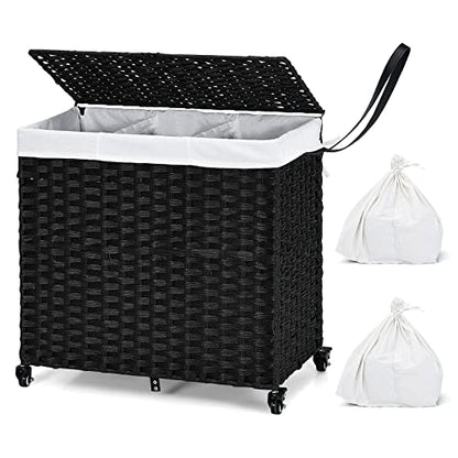 GOFLAME Laundry Hamper with Lid and Wheels, 125L Hand Woven Rattan Laundry Basket with 3 Divided Sections, Handles, 2 Removable and Washable Liner Bags, Dirty Clothes Hamper for Bedroom (Black)