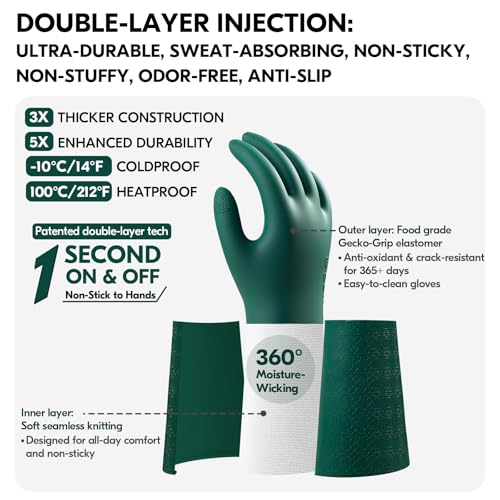 Vgo... Household Cleaning Gloves,Double-layer,Lined Dishwashing Gloves,Long Sleeves for Kitchen,Bathroom Cleaning(TP1117) - color: Dark Green, size: Medium(Pack of 1)