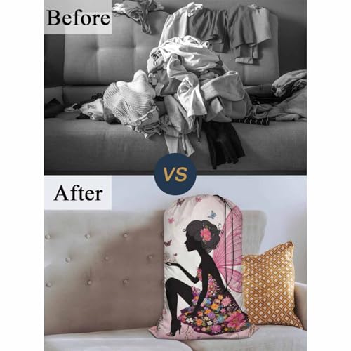 Swono Extra Heavy Duty Laundry Bag Butterfly Girl Fairy, Cartoon Flower Magic Silhouette X-Large Dirty Clothes Drawstring Bag, Washable Laundry Liner for Hamper, Ideal for Camp, Travel - color: Butterfly Girl Fairy