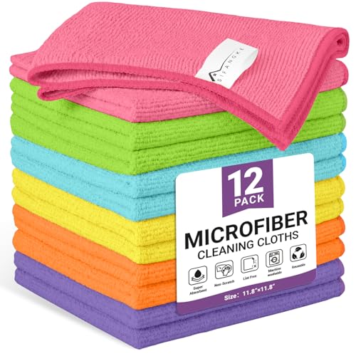 12 Pack Microfiber Cleaning Cloth, 6 Assorted Colors Cleaning Rags for Housekeeping, Colorful Reusable Microfiber Towels for Car, Kitchen, Bathroom and Household Cleaning Supplies, 11.8"X11.8" - color: D.6 Assorted Colors, size: 1 Count (Pack of 12)