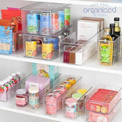 Plastic Food Storage 2 Pack Clear Container Bin with Handles for Organizing Kitchen, Pantry, Refrigerator, Freezer, Pantry, Cabinet, Closet, Bathroom. 16”x6”x5” - size: 16x6x5