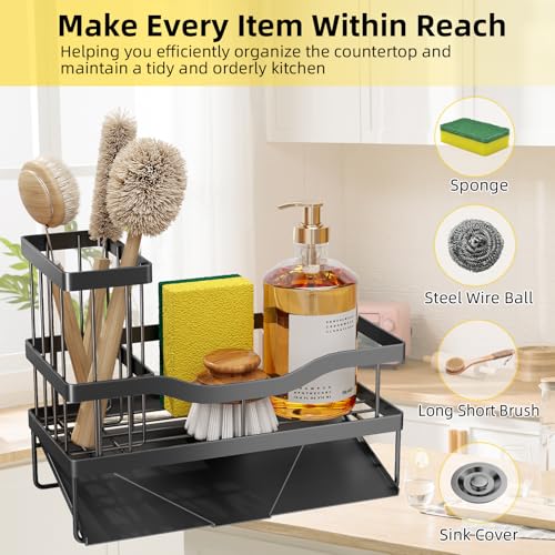 Sponge Holder for Kitchen Sink, Mecyfaty Sink Caddy with Self Drain Tray, Kitchen Sink Organizer, Stainless Steel Countertop Sink Sponge Holder for Dish Soap Kitchen Organizers and Storage Accessories