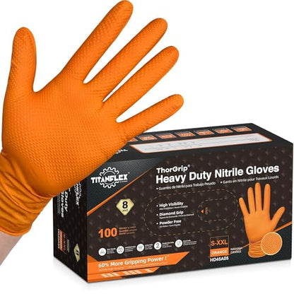 TitanFlex Heavy Duty Industrial Orange Nitrile Gloves, 8-mil, Gloves Disposable Latex Free with Raised Diamond Texture Grip, Powder Free, Rubber Glove, Mechanic Gloves,100-ct Box (XXL) - color: 02 8mil (100ct), size: XX-Large