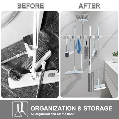 HANZENMA Broom Holder Wall Mount, Broom Organizer Wall Mount Stainless Steel Broom and Mop Hanger Heavy Duty Storage Organization for Home Kitchen Garden Garage Room 5 Racks 4 Hooks - color: Grey, size: 5 Racks 4 Hooks