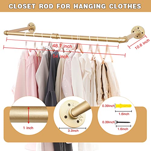 Gold Wall Mount Iaundry Drying Rack - 54" Pipe Garment Rack, Portable Heavy Duty Iron Closet Hanger Rod, Modern Metal Detachable DIY Hanging Bar for Laundry Room and Closet Storage - size: Gold 54" x1 pcs(2Base)