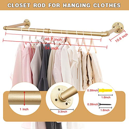 Gold Wall Mount Iaundry Drying Rack - 54" Pipe Garment Rack, Portable Heavy Duty Iron Closet Hanger Rod, Modern Metal Detachable DIY Hanging Bar for Laundry Room and Closet Storage - size: Gold 54" x1 pcs(2Base)