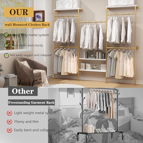 HOMEKAYT Industrial Pipe Clothes Rack with Shelves, Gold Clothing Rack Wall Mounted Heavy Duty Multi-Purpose Storage Clothes Hanging Shelf - 94.5''L Gold - color: gold, size: 94.5''L-B
