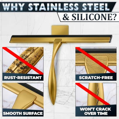 Stainless Steel Shower Squeegee, Glass, Silicone, 12 Inch (Gold) - color: Gold, size: 12 Inch