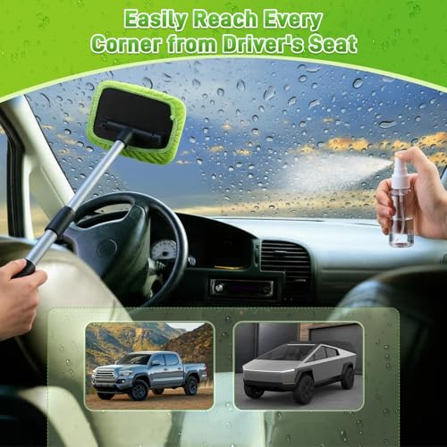 2 in 1 Car Window Squeegee and Collapsible Bucket Set with Long Handle Car Interior Glass Cleaning Tool Reusable Pads Towel Spray Bottle for Home Outdoor Office Commercial Use
