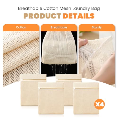 ABRRLO 4Pcs Large Cotton Mesh Laundry Bags for Delicates,Breathable Mesh Garment Bag for Washing Machine,Travel Wash Bags with Zipper for Bras,Underwear,Socks,Clothes,Laundry Dorm Room Essentials(L) - size: Large