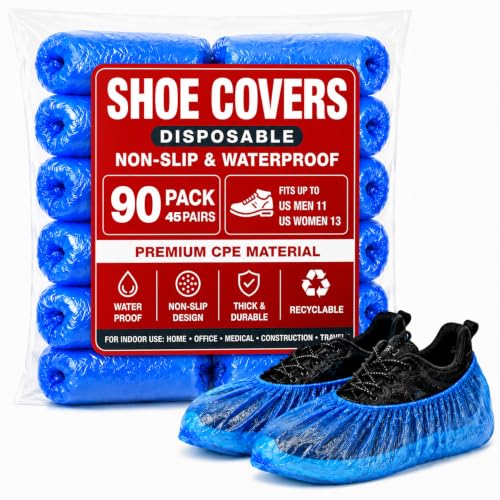 90 Pack Disposable Shoe Covers Waterproof Non Slip – Plastic Shoe Booties for Indoors Universal Fit Shoe Covers for Home Guests, Real Estate Open House, Cleaning & Floor Protection - size: 90 Pack