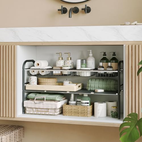 Under Sink Organizers and Storage,Expandable under cabinet organizer Shelf - size: 4 Panels and 4 Baskets