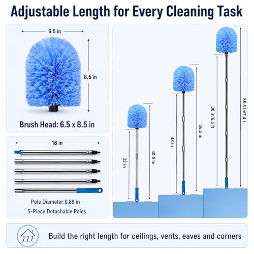 6.5 FT Cobweb Duster with Extension Pole - Stainless Steel Extendable Duster Ceiling Fan Duster for High Ceilings, Medium Stiff Bristle Spider Web Brush for Indoor Outdoor Corner Cleaning
