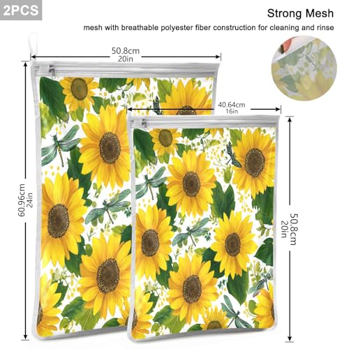 Mesh Laundry Bags Lingerie Bags for Washing Delicates 2 PCS Durable Wash Bag with Zipper Small and Medium Washable Cute Yellow Sunflowers and Dragonflies - color: Cute Yellow Sunflowers and Dragonflies