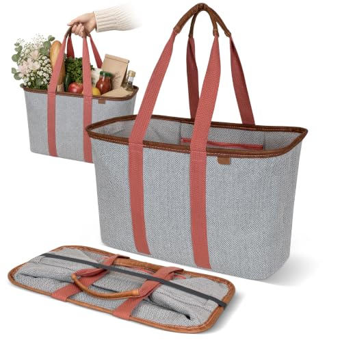 CleverMade Collapsible Tote LUXE, 30L Structured Tote Bag with Handles - color: Rose Herringbone
