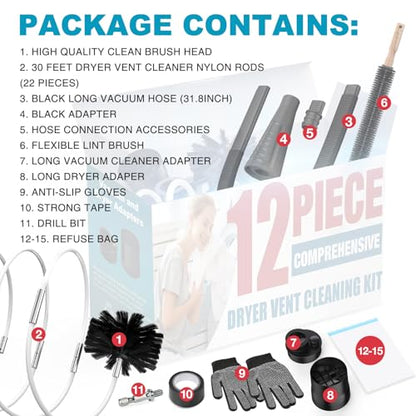 Sealegend 15-Piece Dryer Vent Cleaner Kit Omnidirectional Dryer Cleaning Kit Include 30 Feet Dryer Vent Brush, Black Dryer Lint Vacuum Attachment&Dryer Lint Trap Brush, Vacuum & Dryer Adapters - size: 30FT