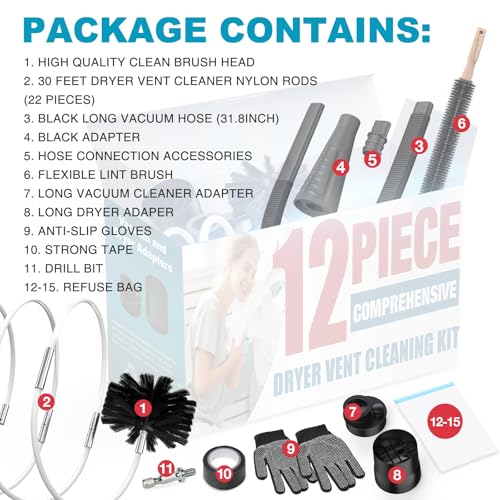 Sealegend 15-Piece Dryer Vent Cleaner Kit Omnidirectional Dryer Cleaning Kit Include 30 Feet Dryer Vent Brush, Black Dryer Lint Vacuum Attachment&Dryer Lint Trap Brush, Vacuum & Dryer Adapters - size: 30FT