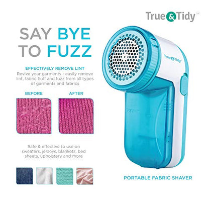 True & Tidy, Portable Fabric Shaver, Safely Removes Lint, Fabric Fluff and Fuzz Balls from All Types of Garments & Fabrics, LR-03, Aqua (Batteries not Included)