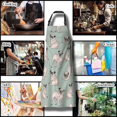 Garden Apron for Women Cute Dogs Pug Fun Aprons for Men for Kitchen Cooking Restaurant BBQ Painting Crafting Gardening 27” (W) x 31” (H), Waterproof Aprons - color: Cute Dogs Pug