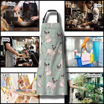 Garden Apron for Women Cute Dogs Pug Fun Aprons for Men for Kitchen Cooking Restaurant BBQ Painting Crafting Gardening 27” (W) x 31” (H), Waterproof Aprons - color: Cute Dogs Pug