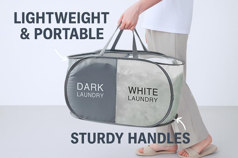 Laundry Hamper with Compartments, Foldable Dirty Clothes Basket, Dual Sorting Storage Organizer with Handles for Toys, Baby Clothes, Oxford Fabric, Grey & Beige