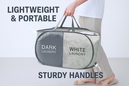 Laundry Hamper with Compartments, Foldable Dirty Clothes Basket, Dual Sorting Storage Organizer with Handles for Toys, Baby Clothes, Oxford Fabric, Grey & Beige