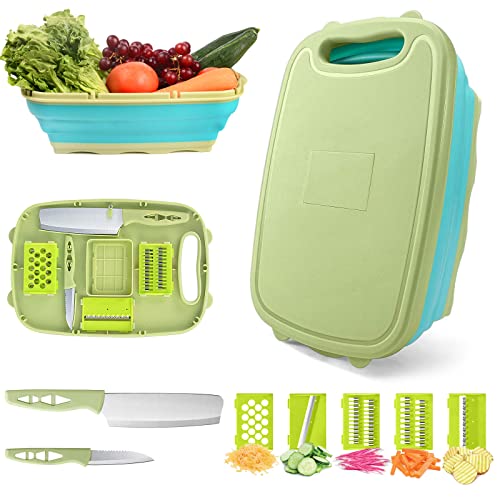 9-in-1Collapsible Cutting Board with Colander Wash Basket Camping RV Gift - color: Blue