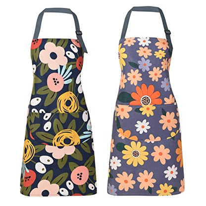 2 Pack Floral Apron for Women with Pockets, Adjustable Cotton Chef Aprons for Kitchen, Cooking, BBQ & Grill - color: Blue/Flowers