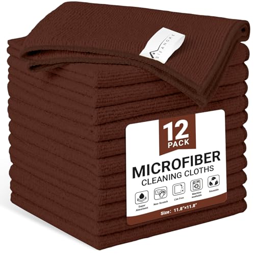 SIFANGKE Microfiber Cleaning Cloth, 12 Pack Brown Cleaning Rags for Housekeeping, Reusable Microfiber Towels for Car, Kitchen, Bathroom and Household Cleaning Supplies, 11.8"X11.8" - color: Q.brown, size: 1 Count (Pack of 12)
