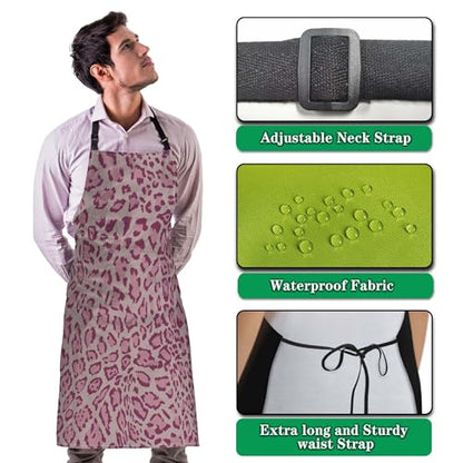 Chef Apron for Men Pink Leopard Funny Aprons for Women for Kitchen Cooking Restaurant BBQ Painting Crafting 27” (W) x 31” (H), Waterproof Aprons - color: Pink Leopard