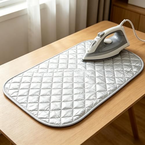 1 Piece Silver Coated Heat Resistant Ironing Pad, Non Slip Thick Cotton Ironing Mat, 18.9 x 31.5 Inch Portable Table Top Cover for Home Hotel Daily Travel Use