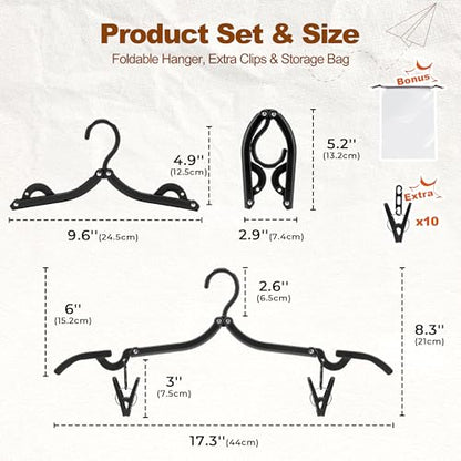 HOUSE DAY Black Travel Hangers with Clips, 10 Pack Foldable Clothes Hangers - color: Black, size: 10 Pack + 10 x Clips + 1 x Storage bag