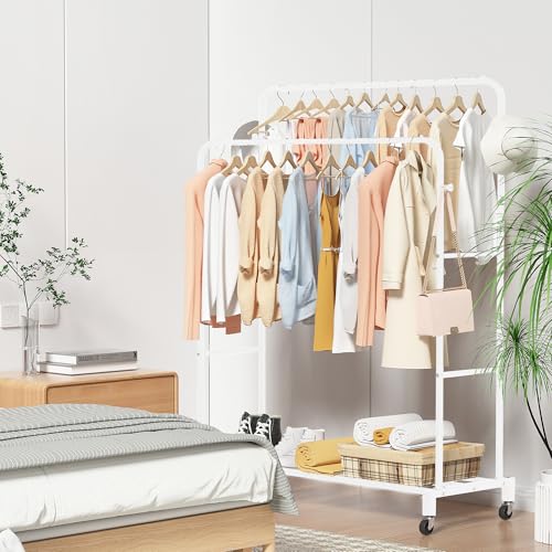 Sooyee Double Rod Clothing Rack with Wheels,3 Tier Garment Racks for Hanging Clothes,Portable Clothes Rack with 4 Hooks for Bedroom,Laundry Room,White - color: White