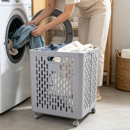 60L Collapsible Laundry Baskets, Plastic Laundry Hamper with Handles, Foldable Laundry Bin, Laundry Basket with Wheels for Laundry Room Organization, Ideal for Clothes, Towels, Blanket, Grey