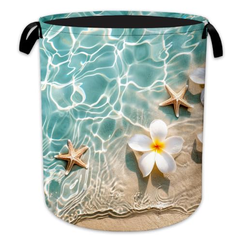 Beach Starfish Laundry Basket, Foldable Oxford Cloth Tropical Flowers Laundry Hamper with Handles, Tote Bag Clothes Storage Bucket for Laundry Room/Bathroom/Bedroom/Dormitories 20.8"x16" - color: Beach Starfish