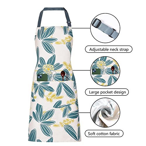 2 Pack Floral Apron for Women with Pockets, Adjustable Cotton Chef Aprons for Kitchen, Cooking, BBQ & Grill - color: Turquoise/Leaf