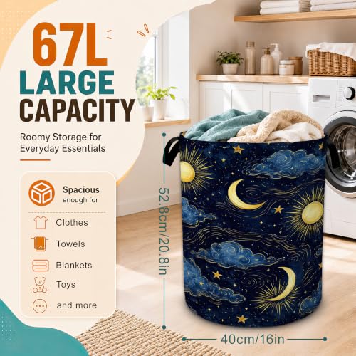 Sun Moon Laundry Basket,Stars Clouds Foldable Oxford Laundry Hamper with Handles,Collapsible Clothes Storage Bucket Tote Bag for Laundry Room,Bathroom,Bedroom,Dorm - color: Sun Moon Stars Clouds
