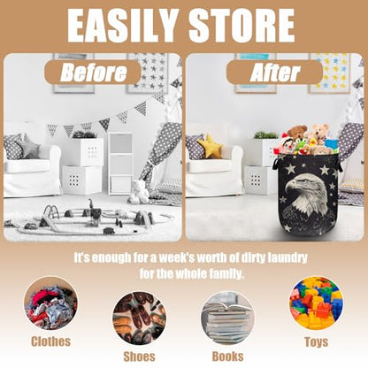 Black Eagle Laundry Basket, Foldable Waterproof Laundry Hamper Tote Bag Dirty Clothes Storage Bucket Organizer for Bathroom/Laundry/Bedroom 15.7"x19.6" - color: Black Eagle