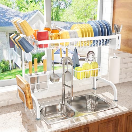 Over The Sink Dish Drying Rack, Adjustable (25.5 to 36.5 inch) 2 Tier Metal Steel Dish Drying Racks for Kitchen Counter with Hooks Paper Towel Utensil Cup Holder Sink Caddy (White) - color: White